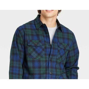 Goodfellow Mens Heavy Weight Flannel Button Shirt S Green Blue Plaid Pocket NWT